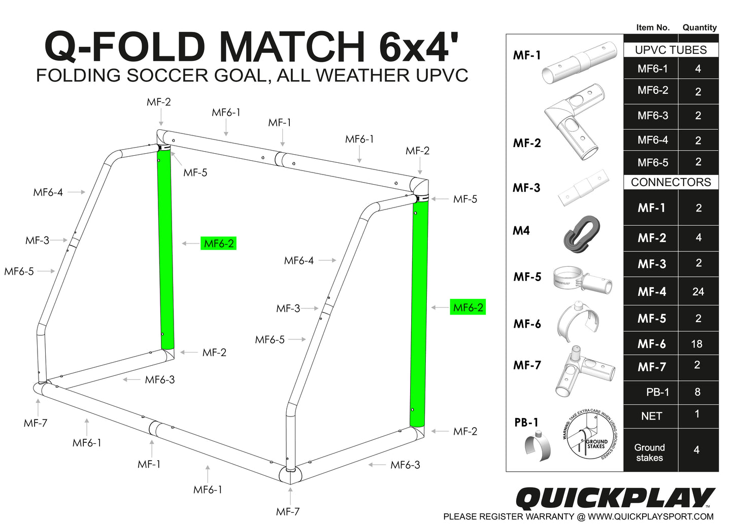 Q-FOLD MATCH 6x4' parts diagram with the two MF6-2 upright tubes highlighted in green and a list of tubes and connectors.