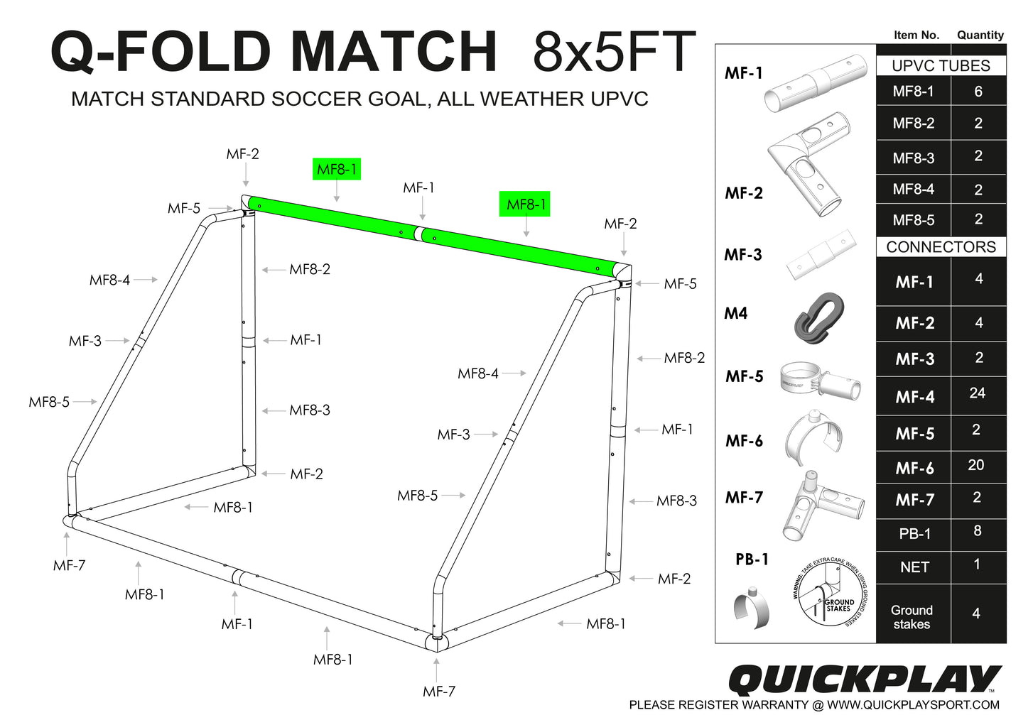 Q-FOLD Match 8x5' parts diagram with the MF8-1 crossbar tubes highlighted in green, plus a table of every tube, connector and quantity.