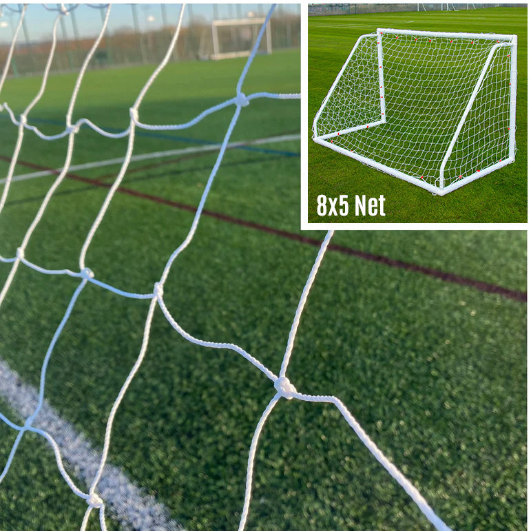 Close up of white knotted Q-FOLD Match net on an artificial field, with an inset of the full 8x5' goal labeled "8x5 Net".