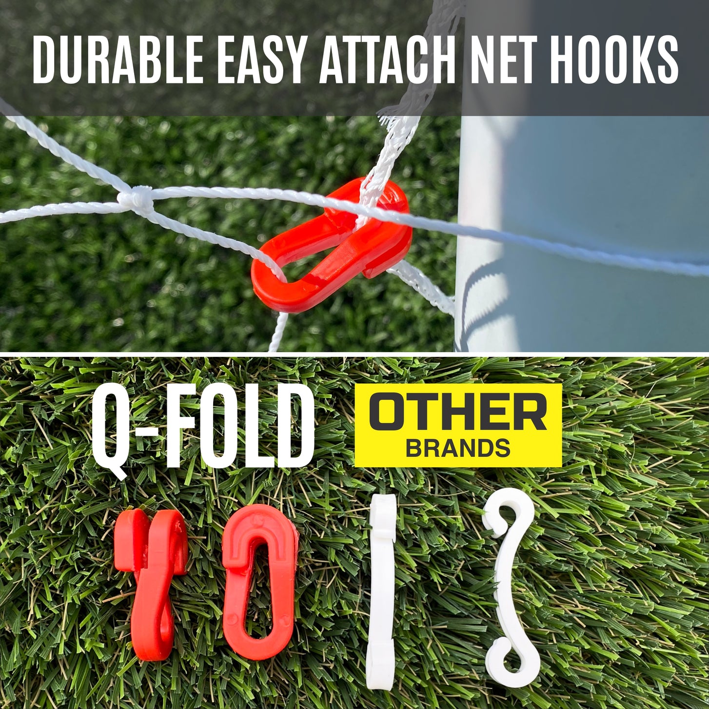 Q-FOLD Match 8x5' red net hook on the post, and red Q-FOLD hooks beside white hooks from other brands, with the text "Durable easy attach net hooks".