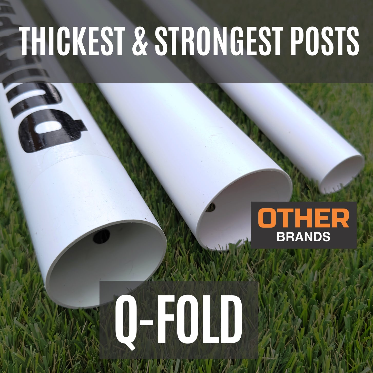 Q-FOLD 6x4' goal: three white posts on grass comparing the Q-FOLD post with thinner posts from other brands.