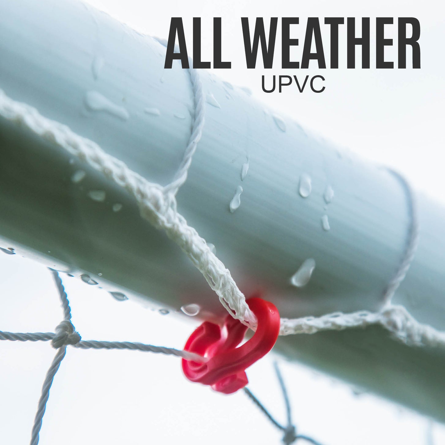 Q-FOLD Mini 3x2.5' crossbar close up with raindrops and a red net hook, with the text "All weather uPVC".