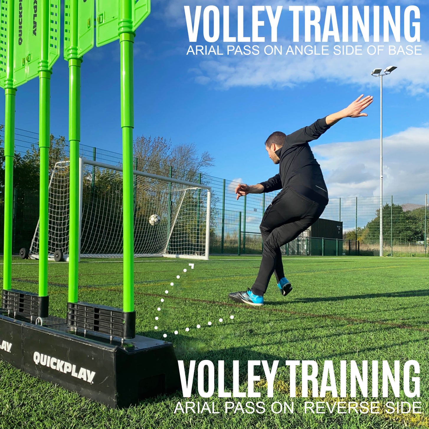Player volleying a soccer ball beside a row of REPLAY Defender frames on black bases, with the text "Volley training".