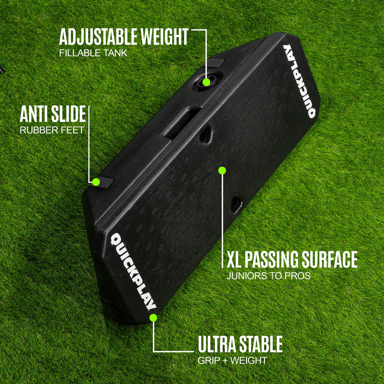 Black soccer rebound board with features labeled on a green grass background