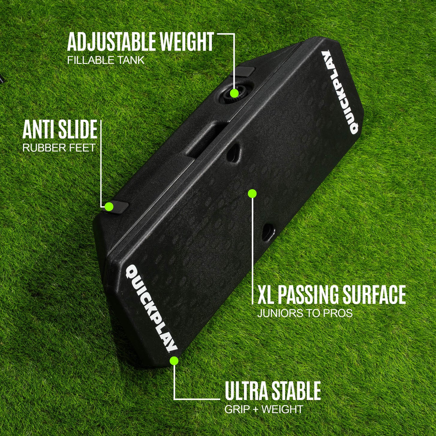 Black soccer rebound board with features labeled on a green grass background