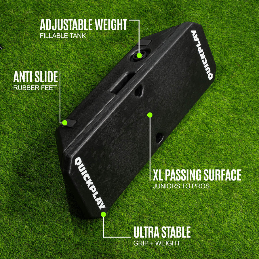 Black soccer rebound board with features labeled on a green grass background