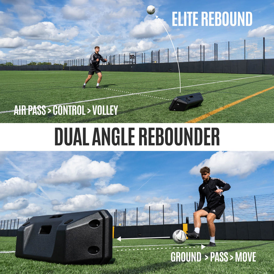 Person practicing soccer drills with a dual angle rebounder on a sports field.