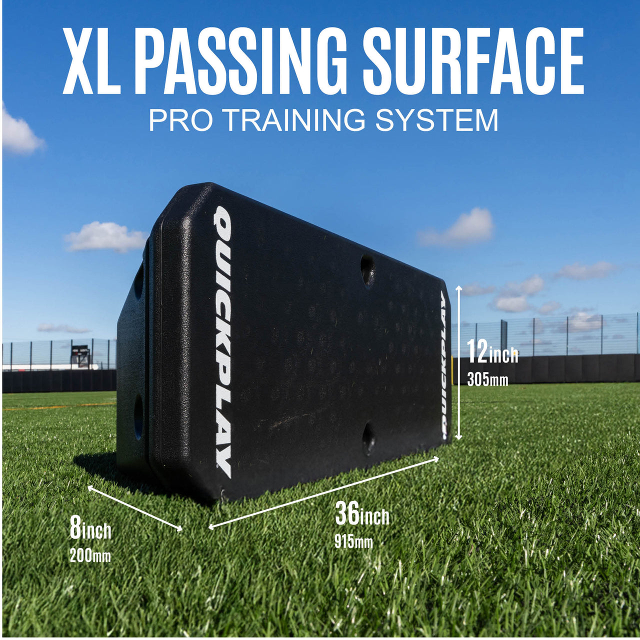 Black rebound board with 'QuickPlay' branding on a grass field, labeled as 'XL Passing Surface Pro Training System'.