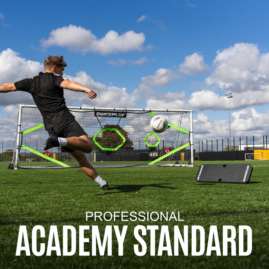 Person practicing soccer on a field with 'Professional Academy Standard' text and equipment.