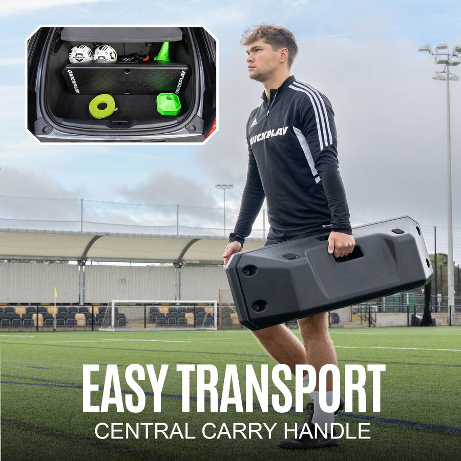 Person holding a soccer rebound board with central carry handle on a sports field, inset showing interior of case.