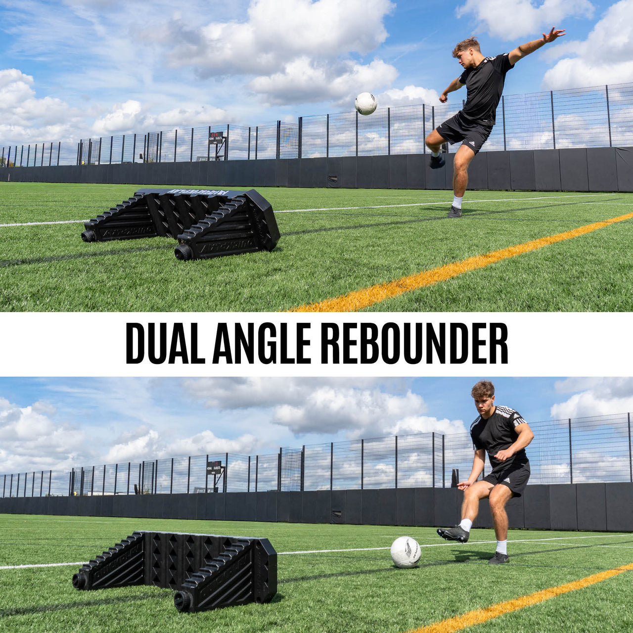Person using a dual angle REPLAY Station Plus on a soccer field with text overlay.