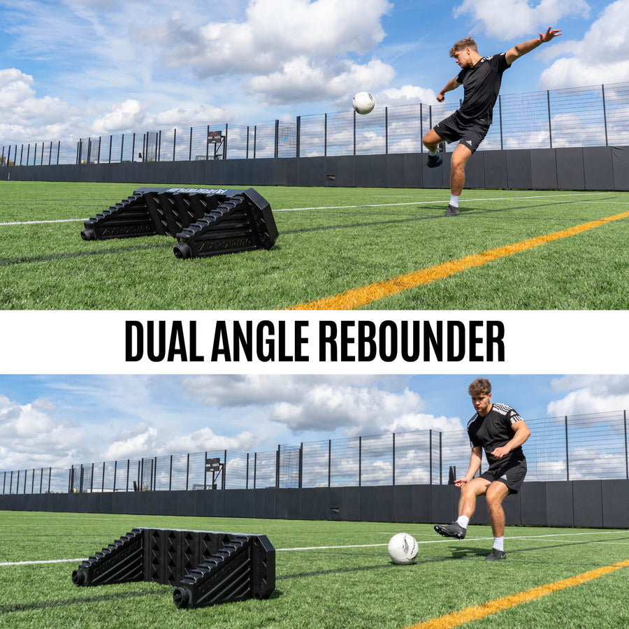 Person using a dual angle REPLAY Station Plus on a soccer field with text overlay.