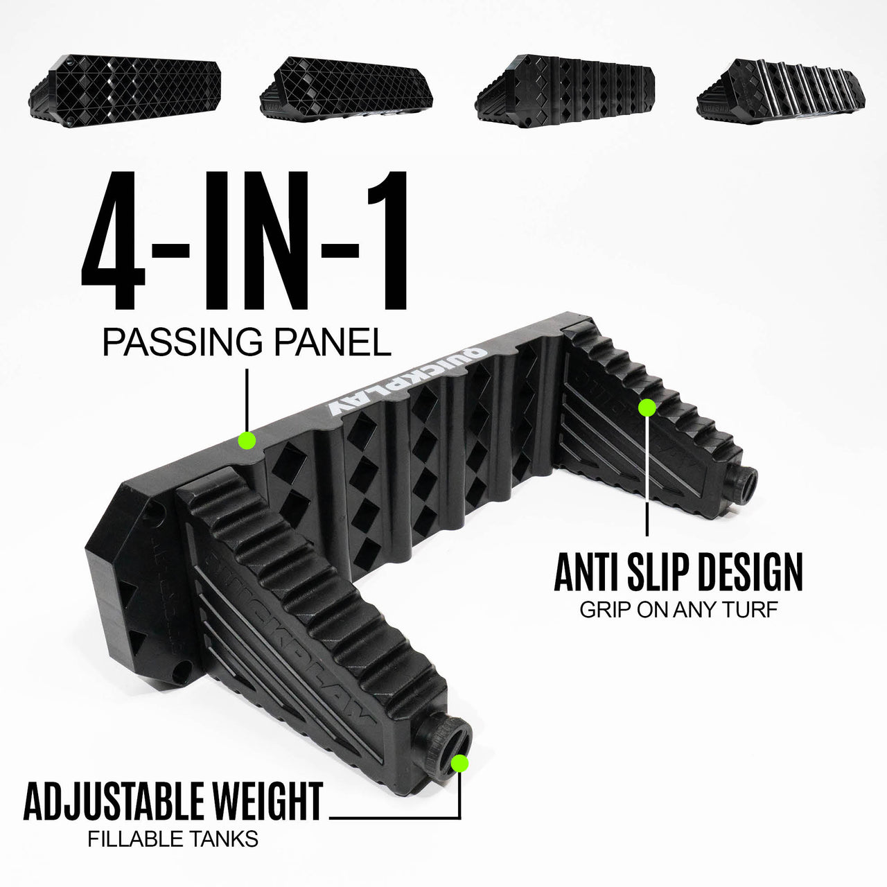 Black 4-in-1 rebound board with features highlighted on a white background