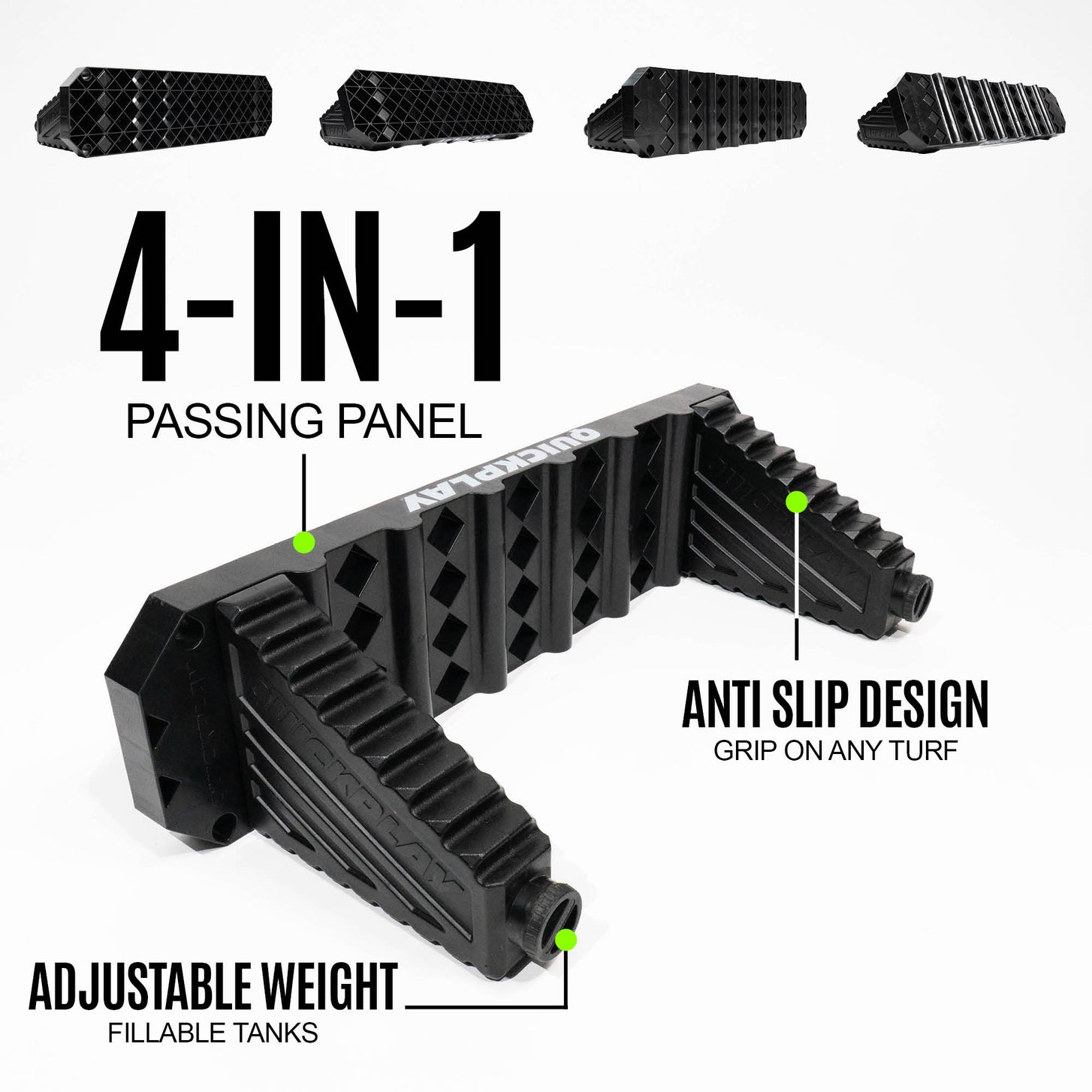 Black 4-in-1 rebound board with features highlighted on a white background