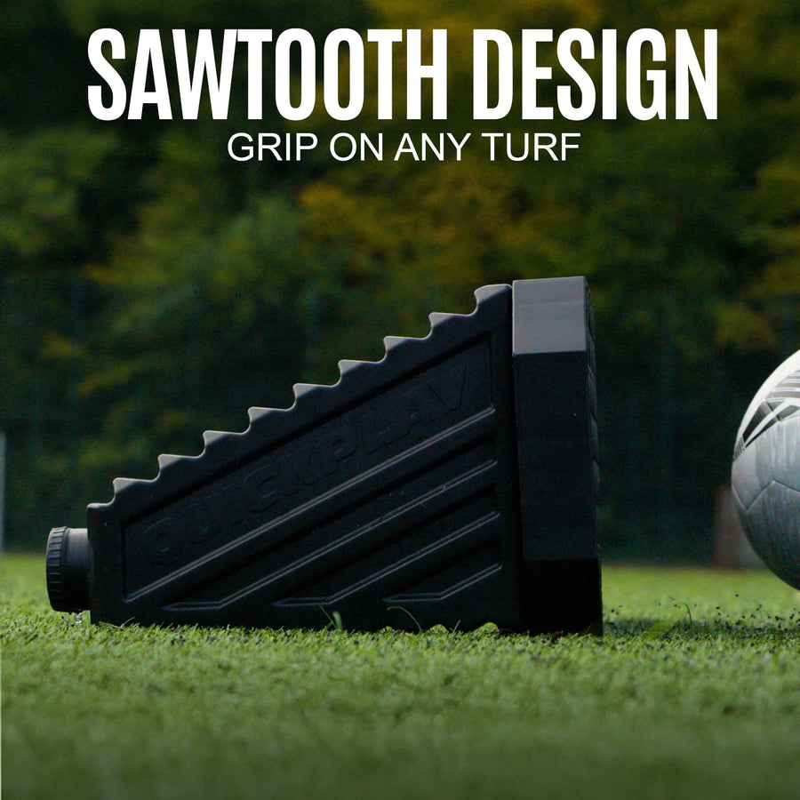 Black rebound board with sawtooth design on grass, text 'Sawtooth Design Grip on Any Turf' above.