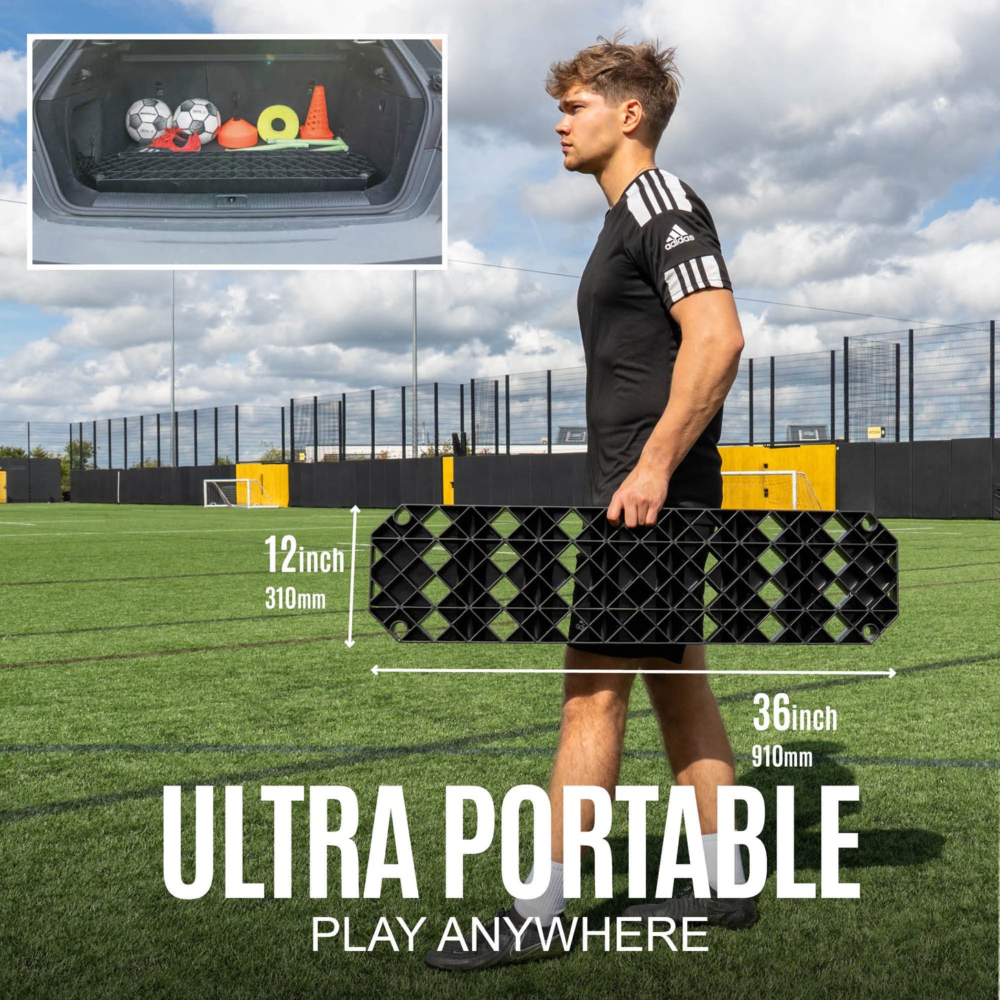 Person holding a portable soccer rebound board on a sports field with text 'Ultra Portable, Play Anywhere'.