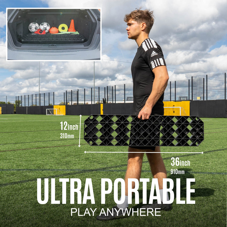 Person holding a portable soccer rebound board on a sports field with text 'Ultra Portable, Play Anywhere'.