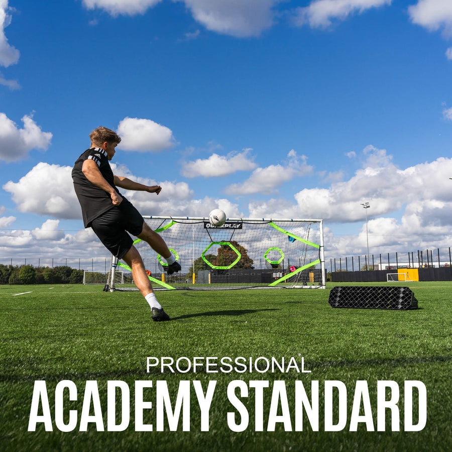 Person playing soccer on a field with 'Professional Academy Standard' text overlay