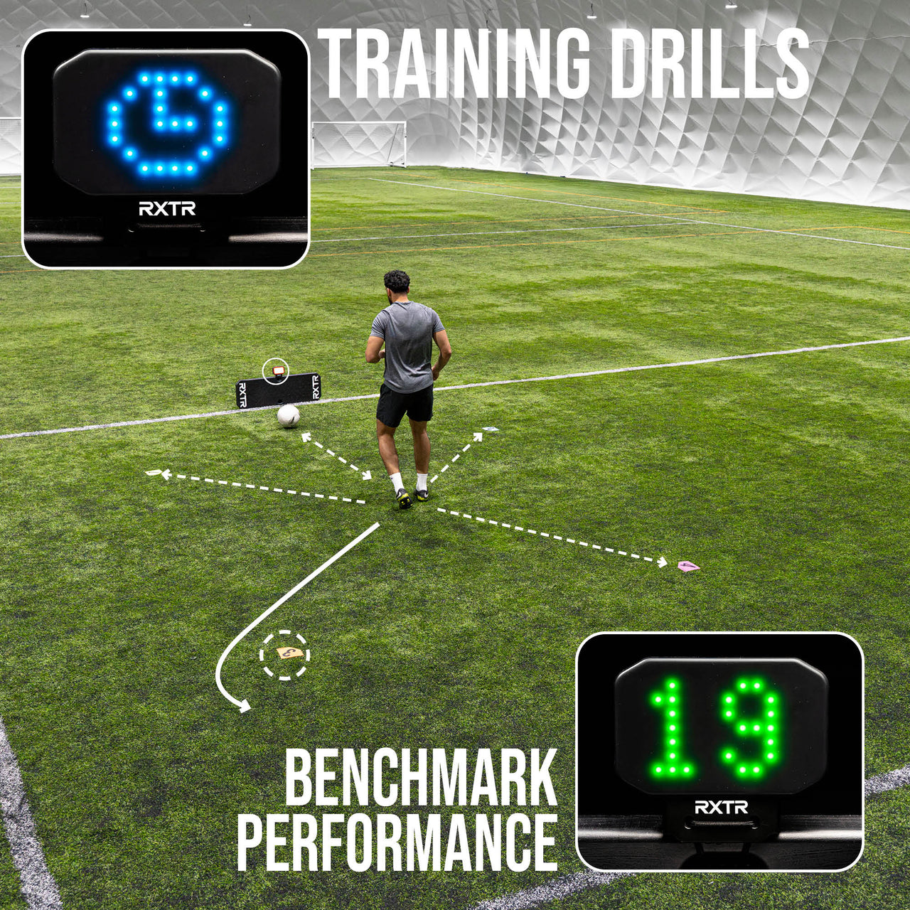 Person on a soccer field with training drills and RXTR equipment displayed.