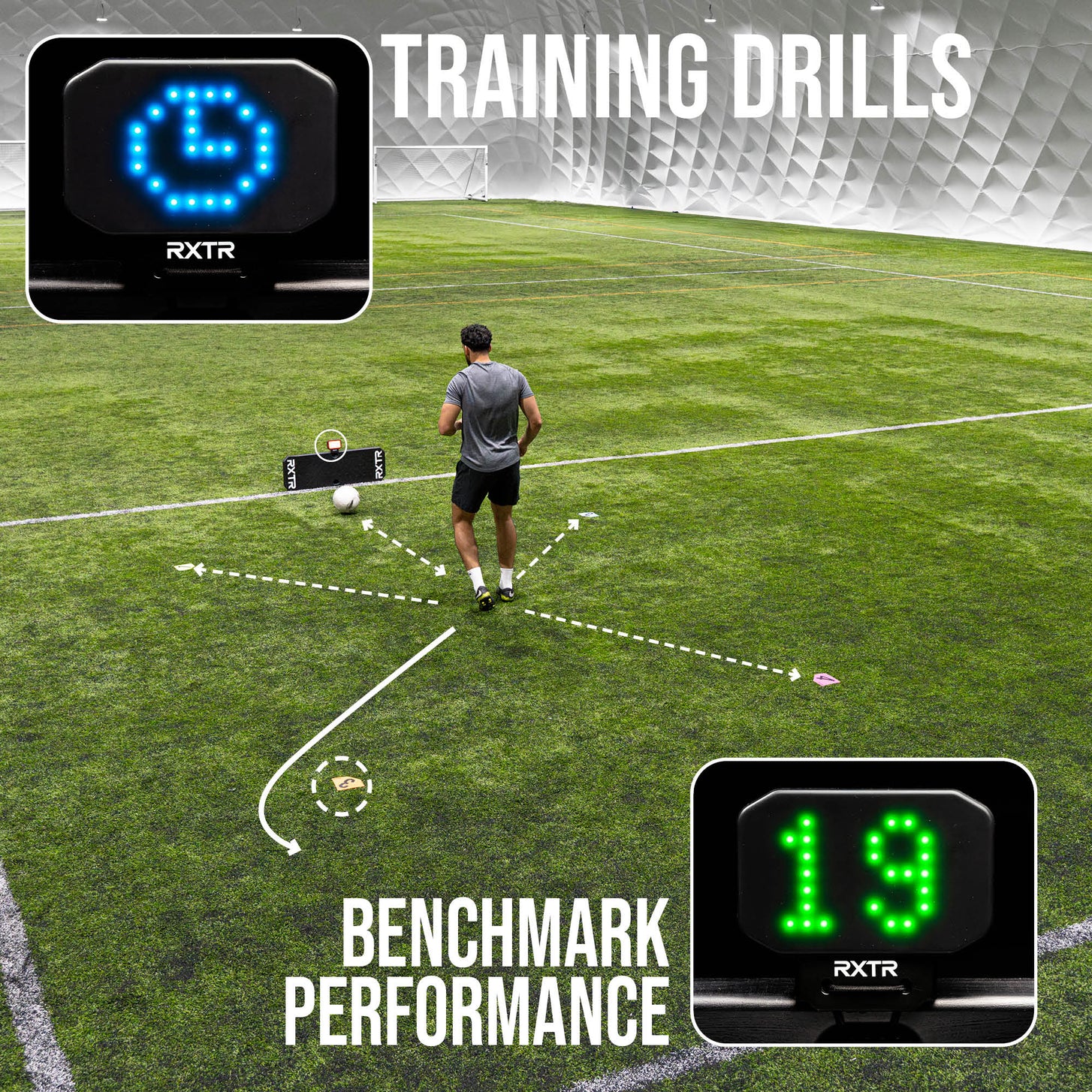 Person on a soccer field with training drills and RXTR equipment displayed.