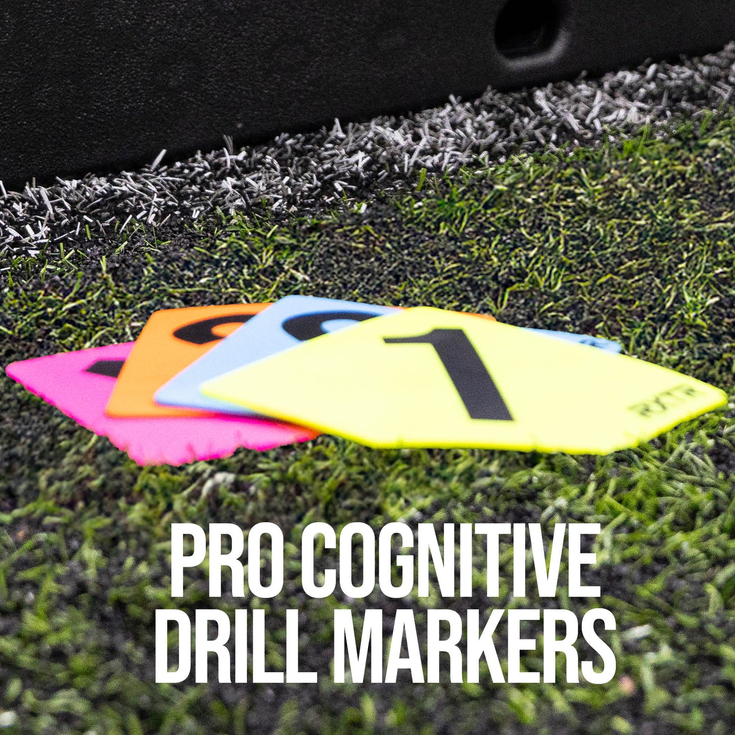 Colorful pro cognitive drill markers on grass with text overlay