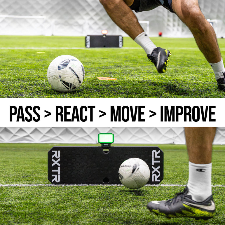 Person practicing soccer drills with an RXTR training device on a soccer field.