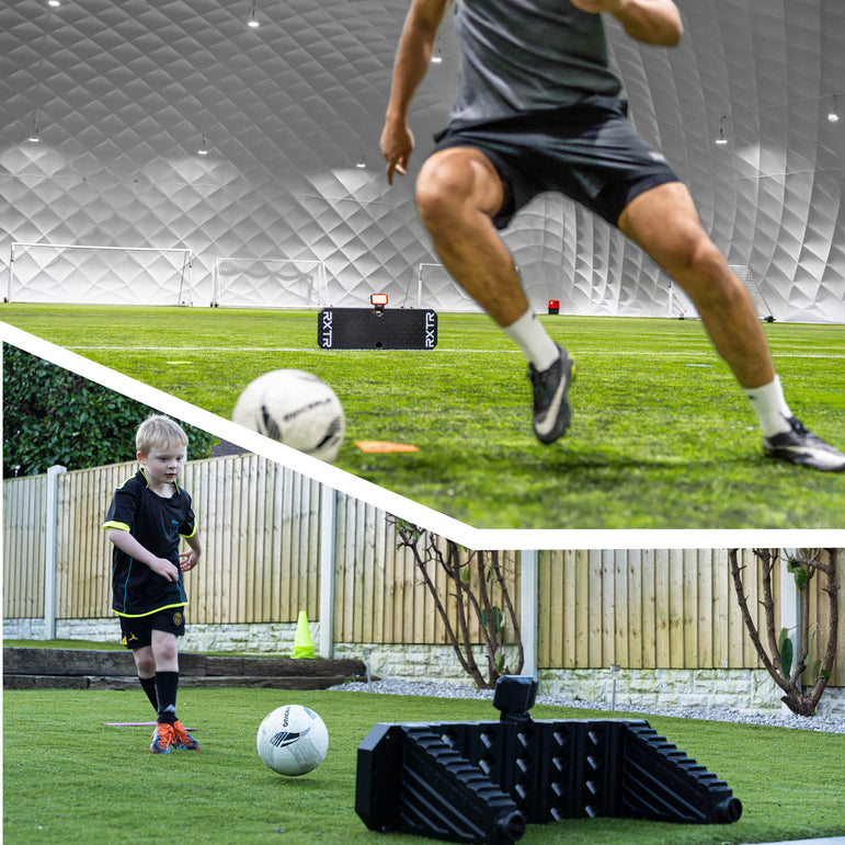 Two images of people playing soccer; one on a grass field with a white ball, the other with black RXTR training equipment.