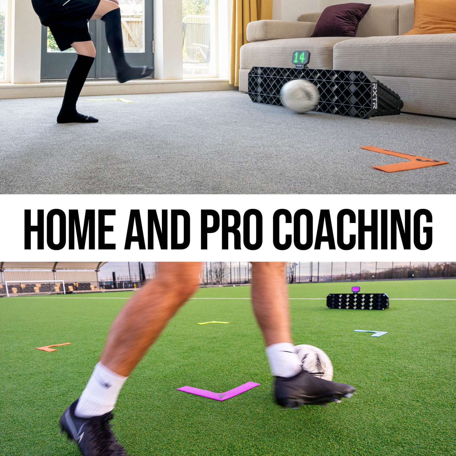 Person practicing soccer drills using an RXTR in a home setting with text overlay about coaching options.