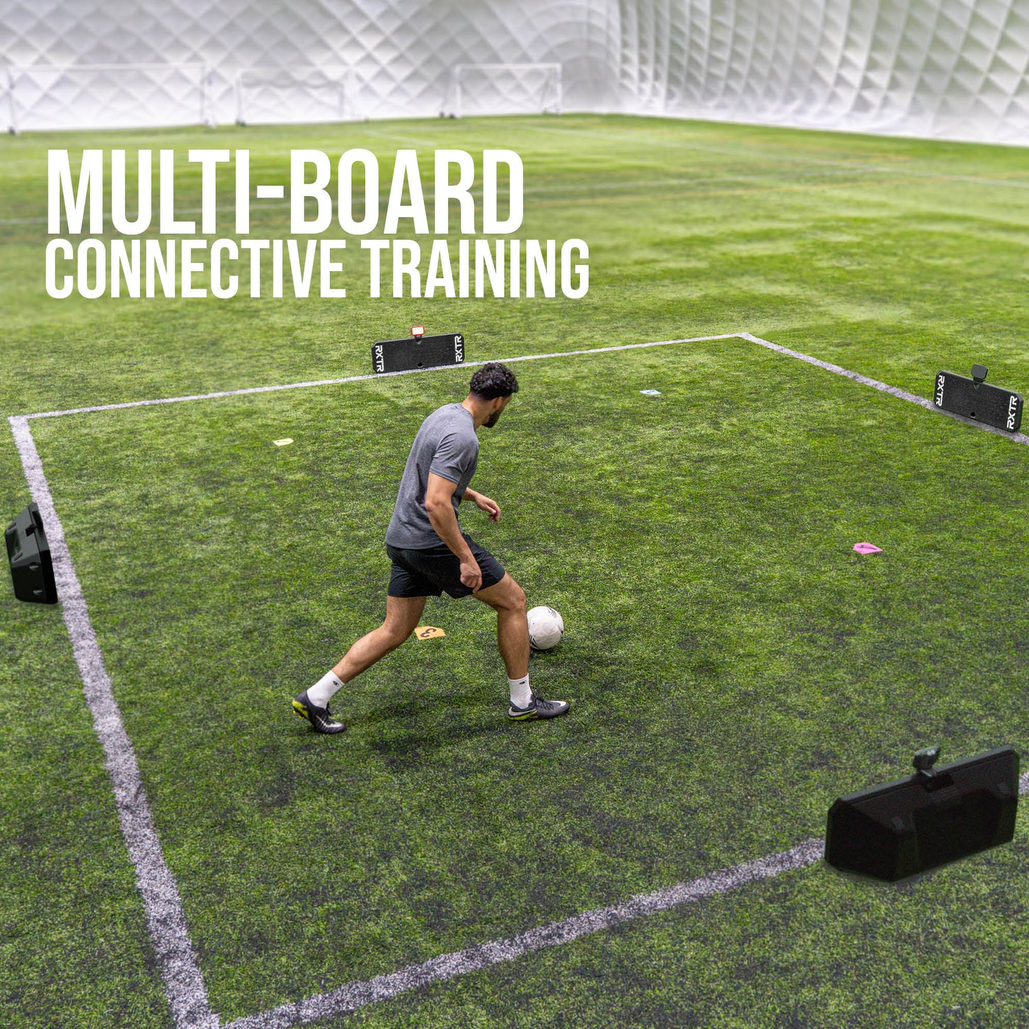 Person practicing soccer drills with RXTR on a grass field with 'Multi-Board Connective Training' text.