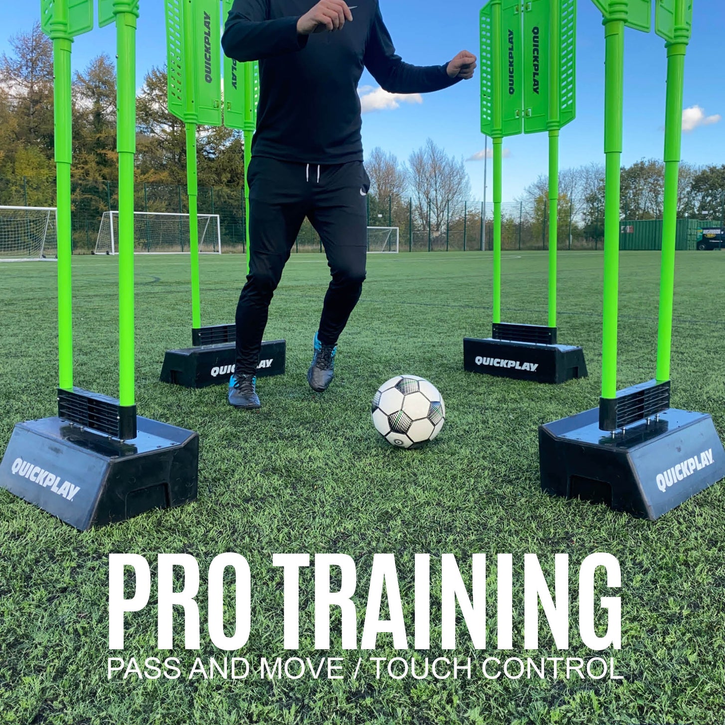 Player controlling a soccer ball among REPLAY Defender & Block System frames, with the text "Pro training, pass and move / touch control".