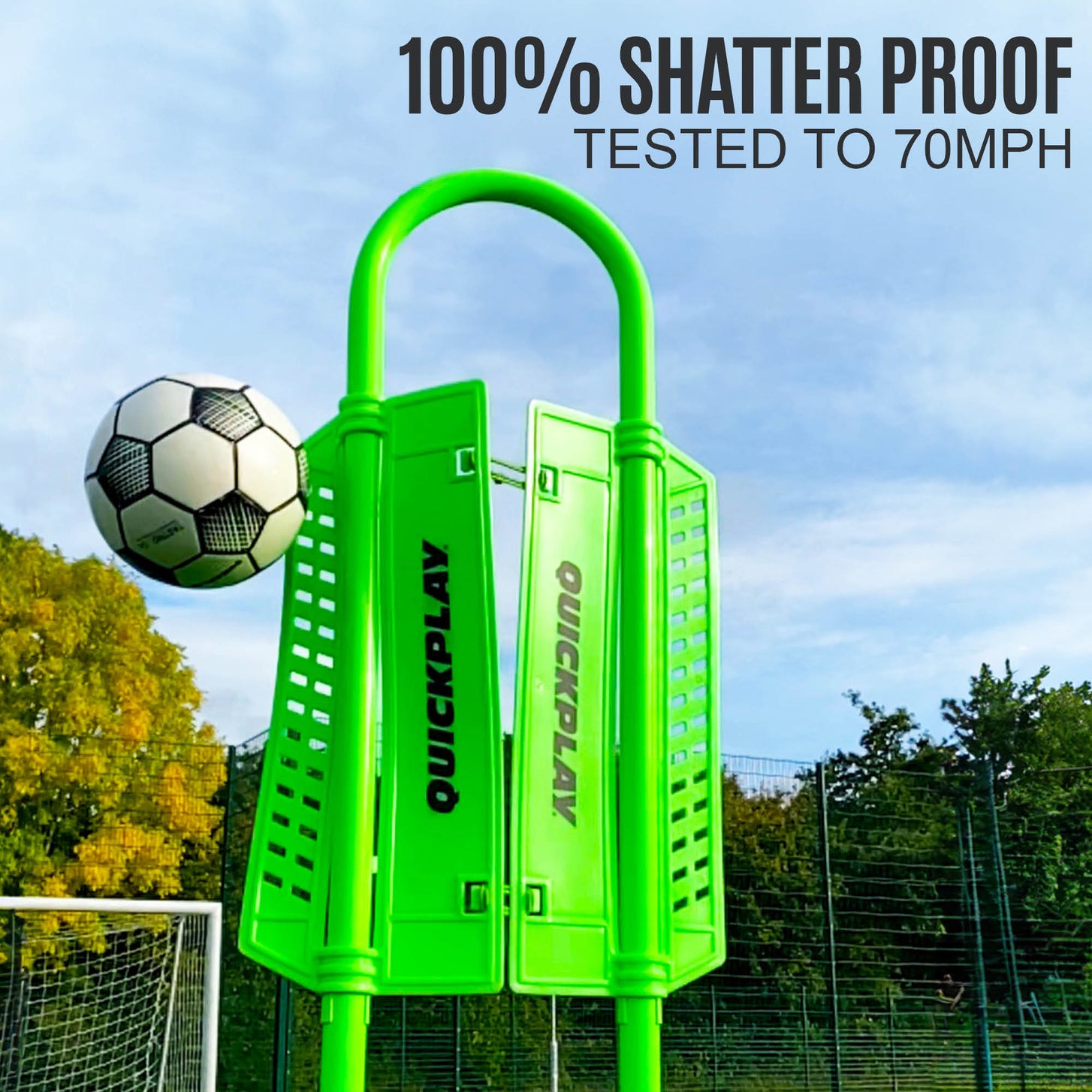 REPLAY Defender Mannequin close up as a soccer ball strikes its green side panels, with the text "100% shatter proof, tested to 70mph".