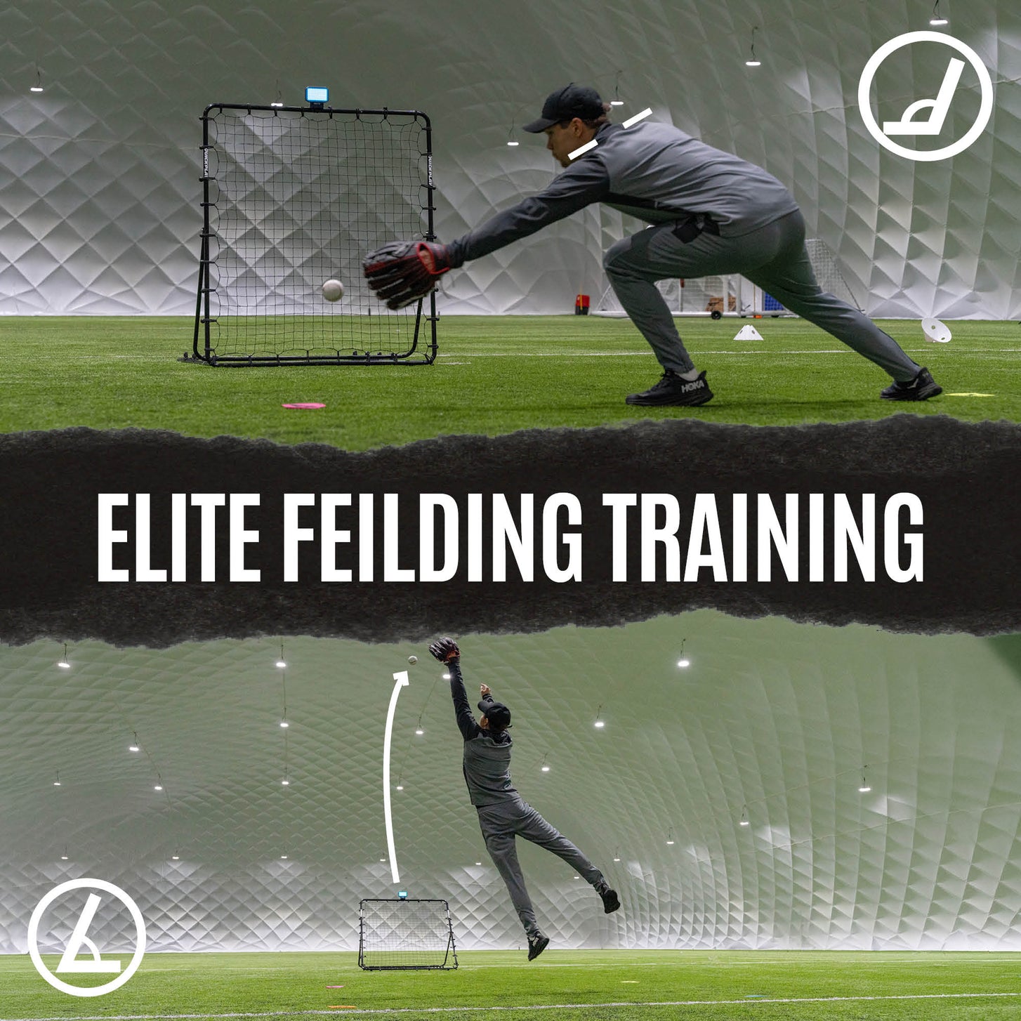 Baseball Return Net 4.5x4' in an indoor dome: a player fields a low rebound, then leaps for a high one, with the text "Elite fielding training".