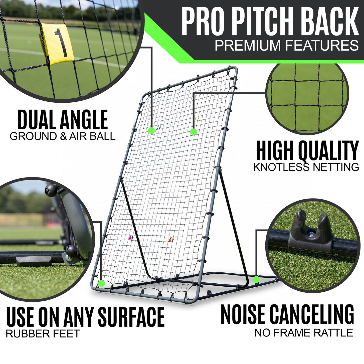 Baseball Return Net 4.5x4' features graphic: dual angle for ground and air balls, knotless netting, rubber feet and noise canceling frame.