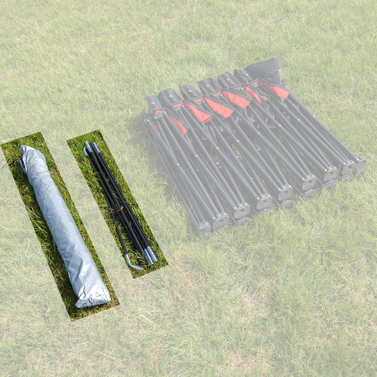 Rolled silver PRO Bench Shelter 6 Seat cover and black poles on grass, beside a faded folded bench frame.