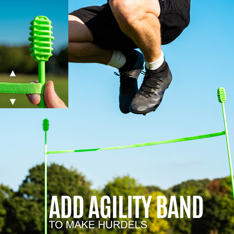 Person jumping over agility hurdles with a green band, set against a clear blue sky.