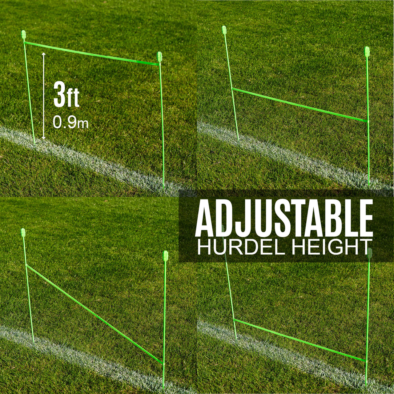 Green adjustable hurdles on a grass field with height measurement shown.