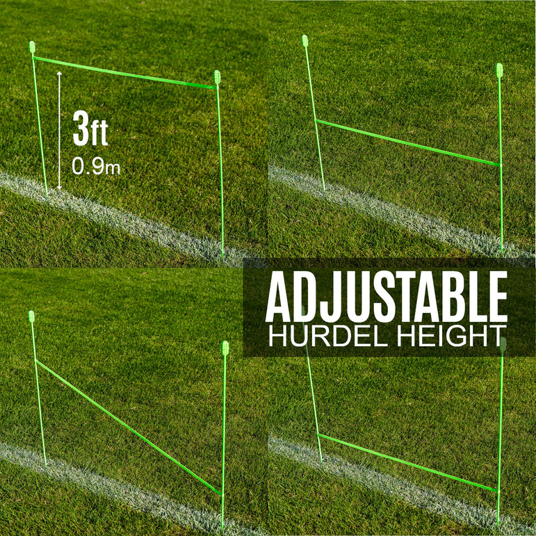 Green adjustable hurdles on a grass field with height measurement shown.