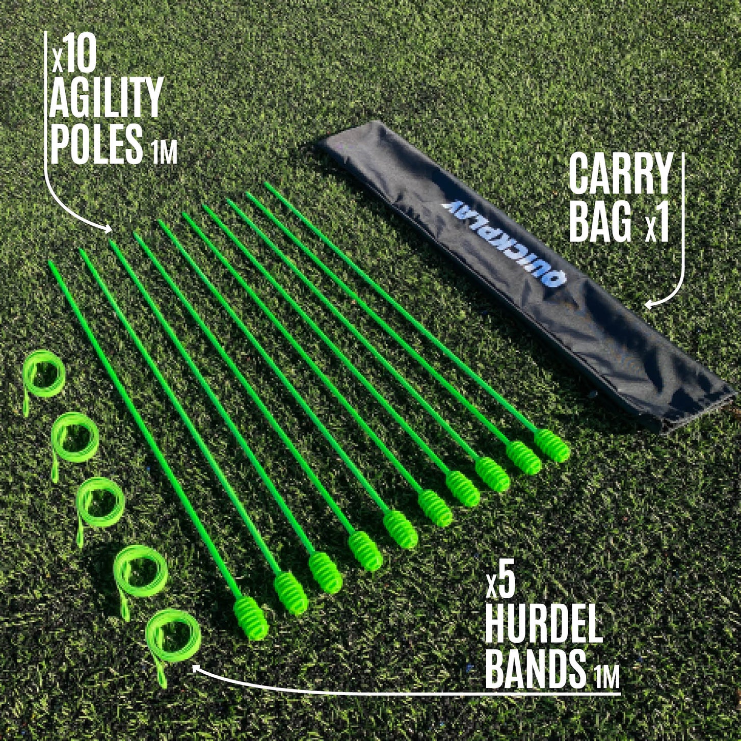 Set of QUICKPLAY agility poles with a carry bag on a grass background