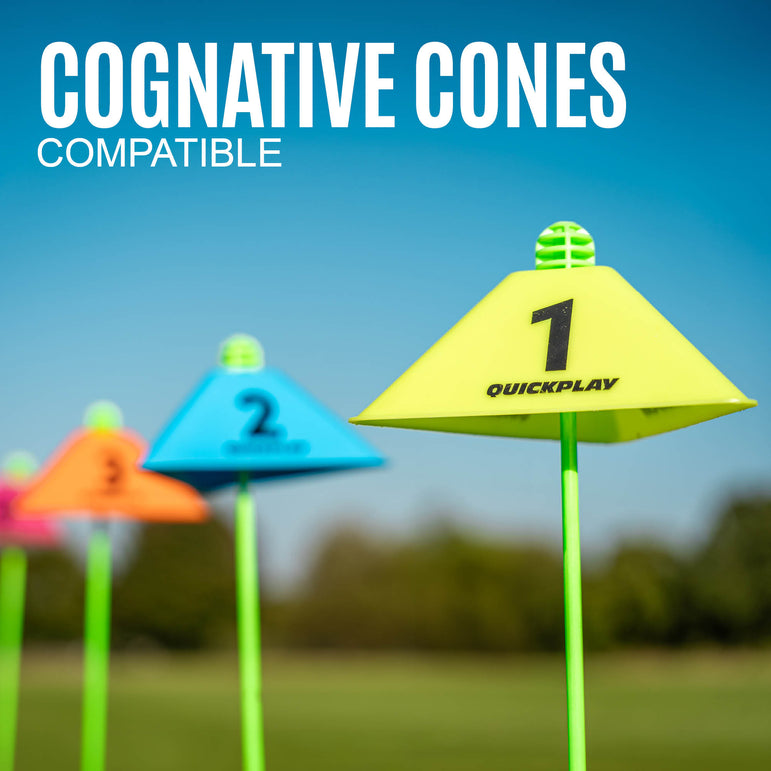 QUICKPLAY colorful triangular cognitive cones with numbers on agility poles against a blue sky.