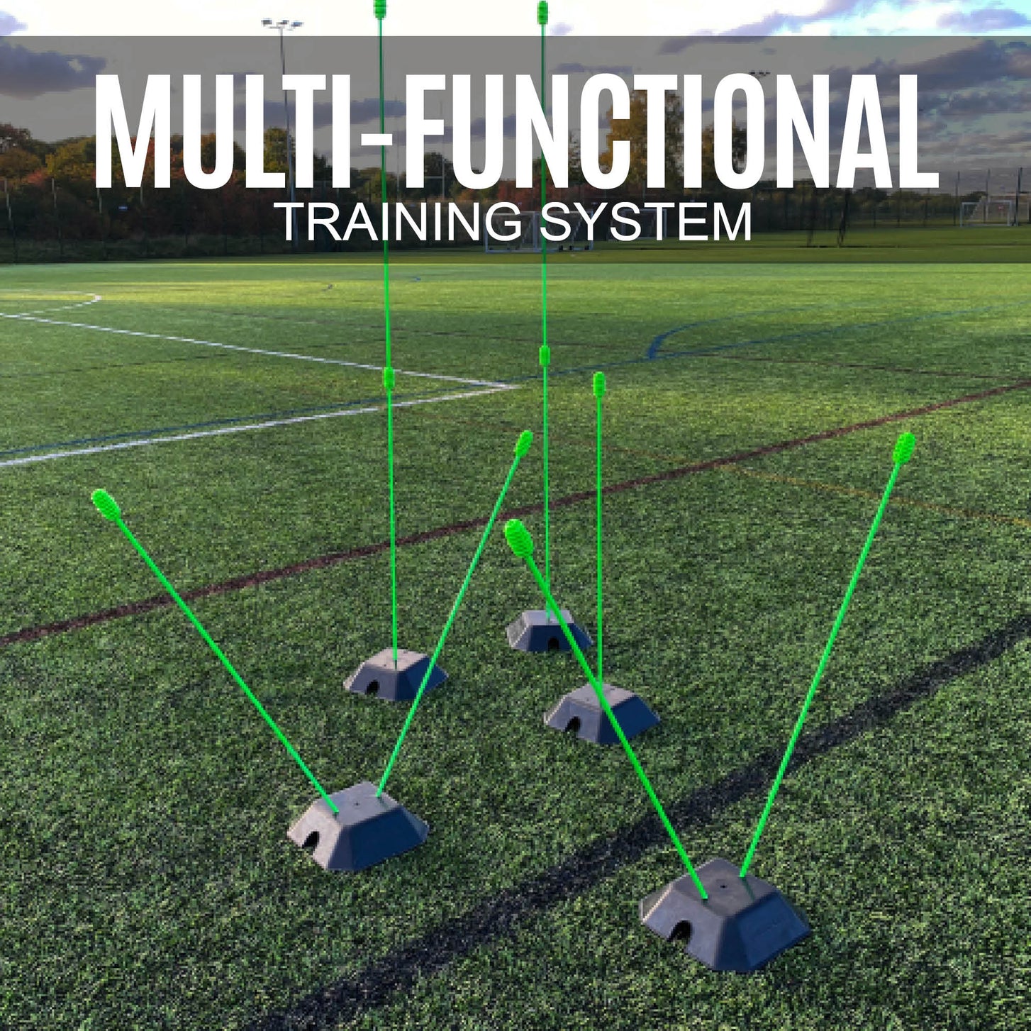 Multi-functional training system on a sports field with 'MULTI-FUNCTIONAL TRAINING SYSTEM' text.