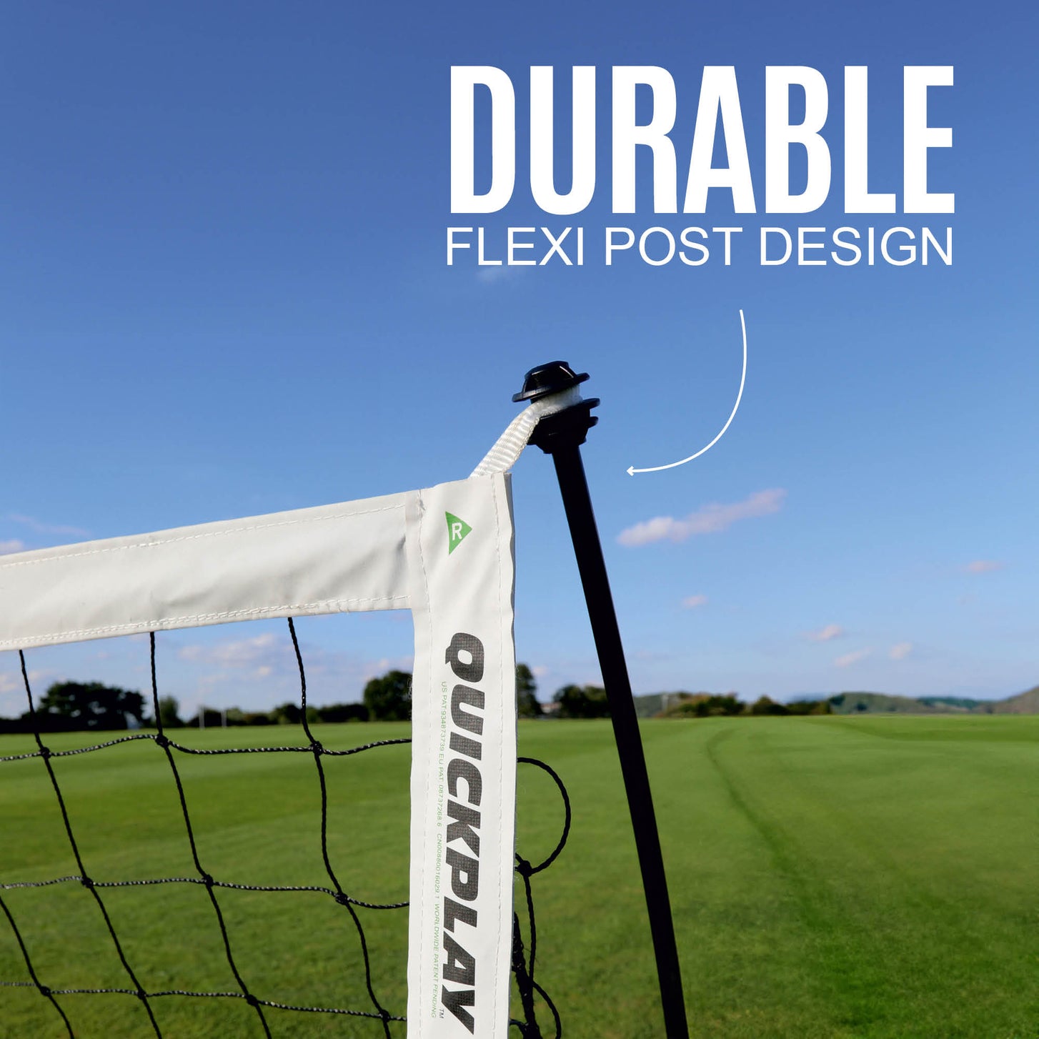 KICKSTER Elite 12x6' goal close-up of the white headband on its black flexible post, with the text "Durable flexi post design".