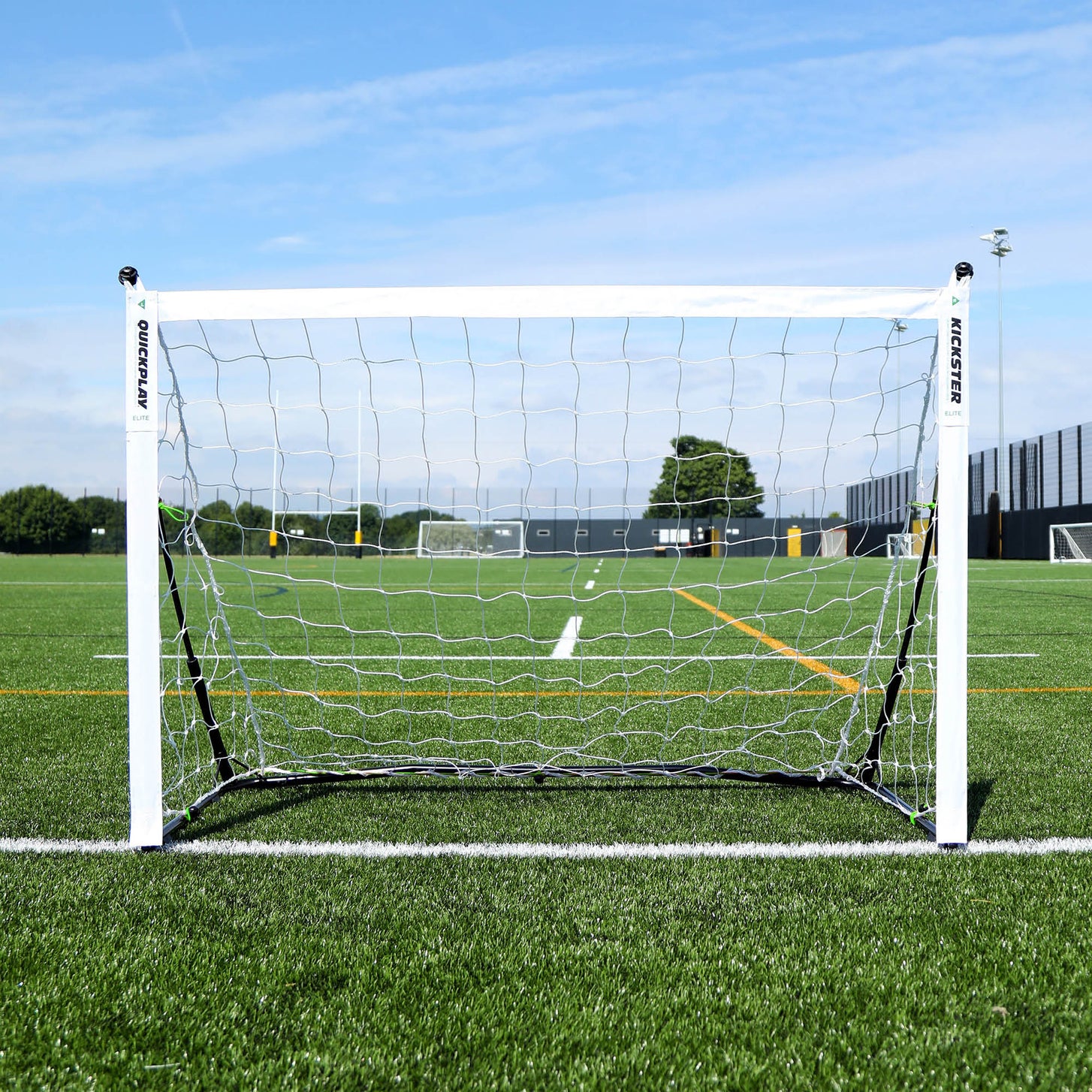 KICKSTER Elite 5x3' goal seen from the front on an artificial field under a blue sky