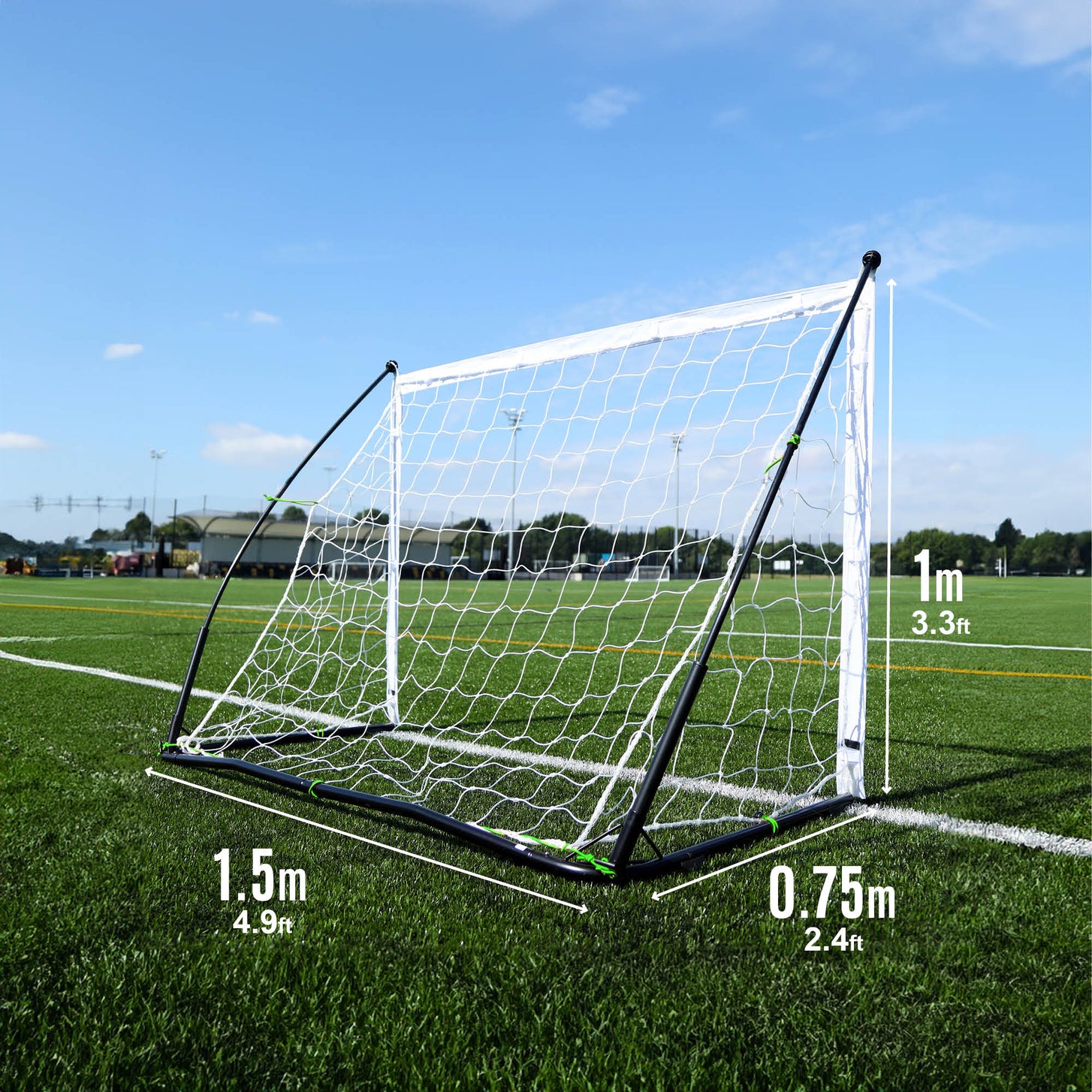 KICKSTER Elite 5x3' goal on an artificial field, marked 4.9ft wide, 3.3ft high and 2.4ft deep