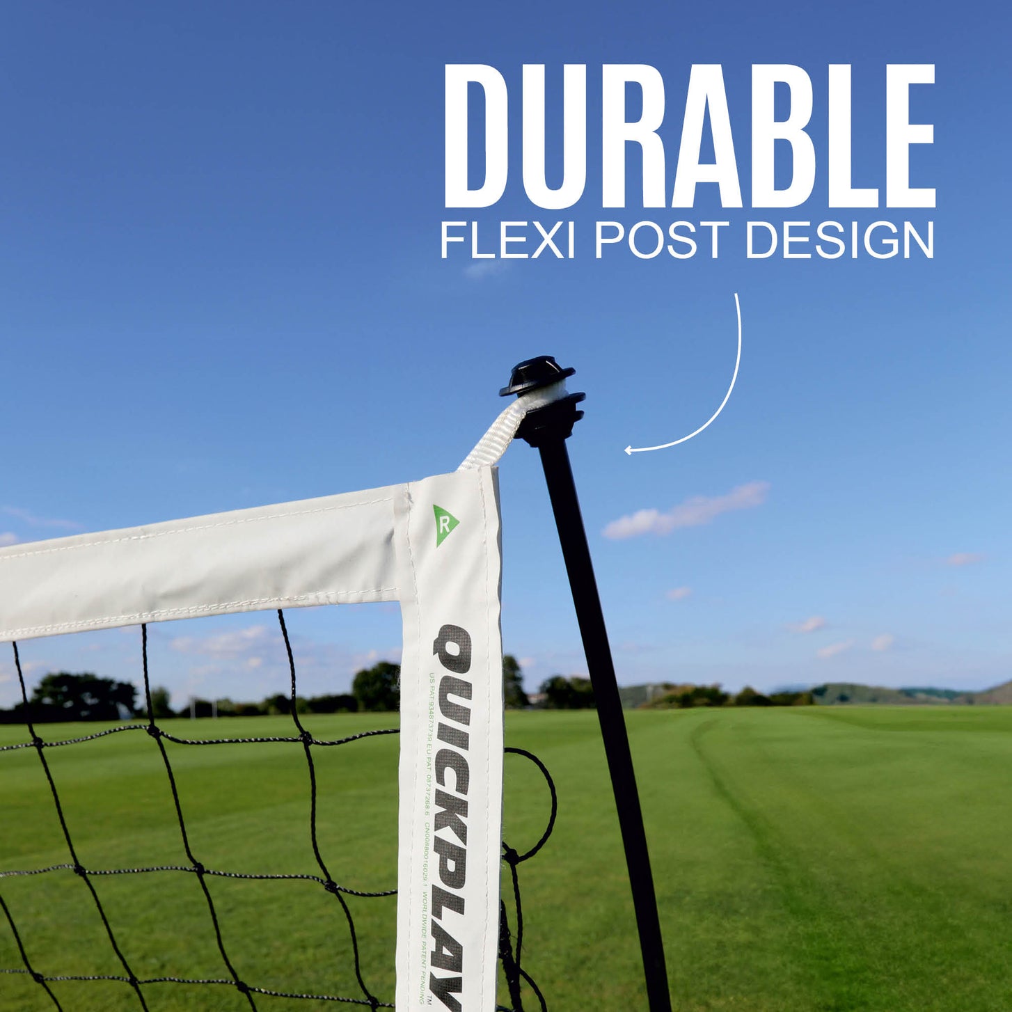KICKSTER Elite 18.5x6.5' close-up of the black flexi post holding the white QUICKPLAY crossbar sleeve, with the text "Durable flexi post design".