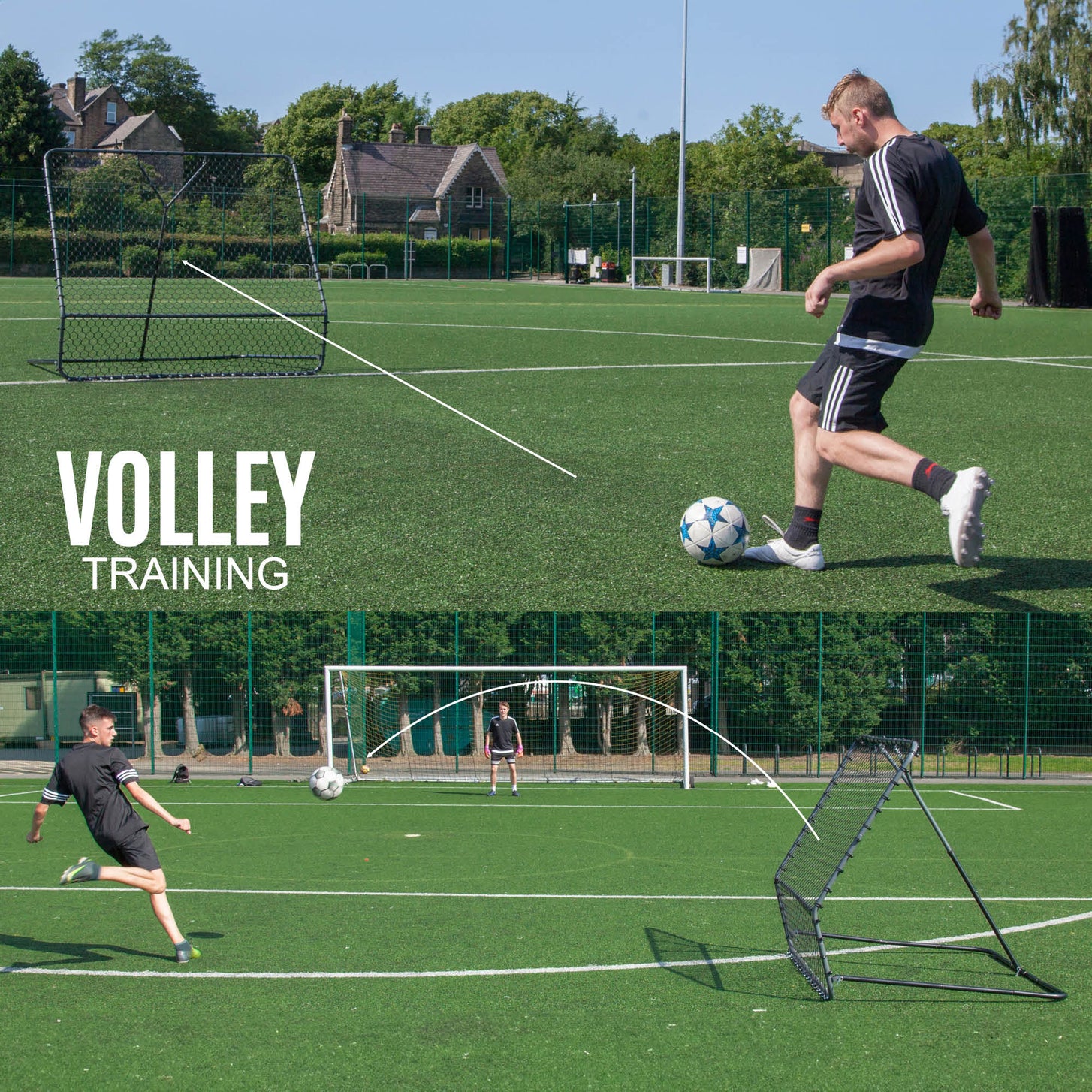 PRO Rebounder 5x5' volley drill: a player strikes a ball off the rebounder, then shoots at a goal, with the text "Volley training".