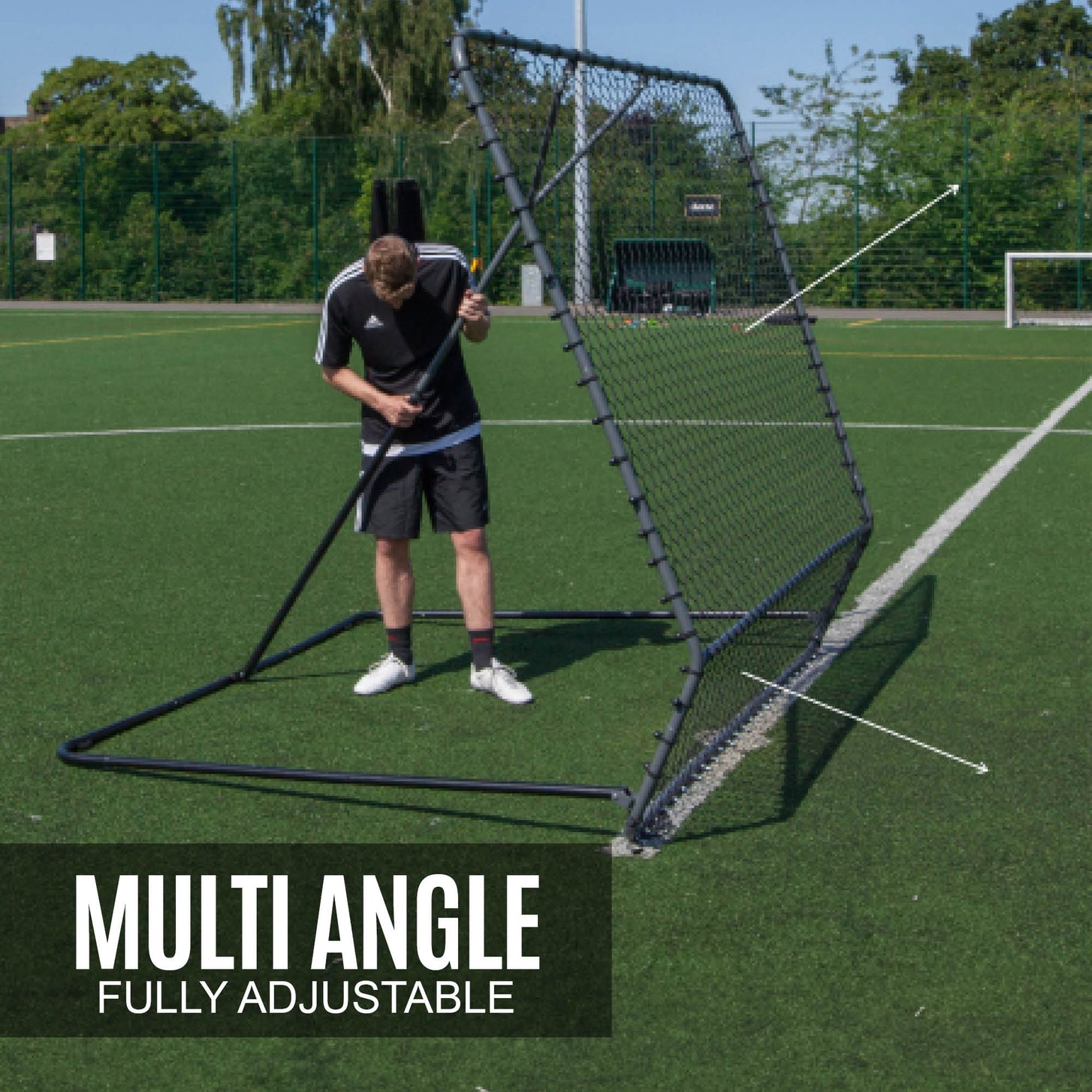 PRO Rebounder 7x7': player adjusting the frame angle on an artificial field, with the text "Multi angle, fully adjustable".