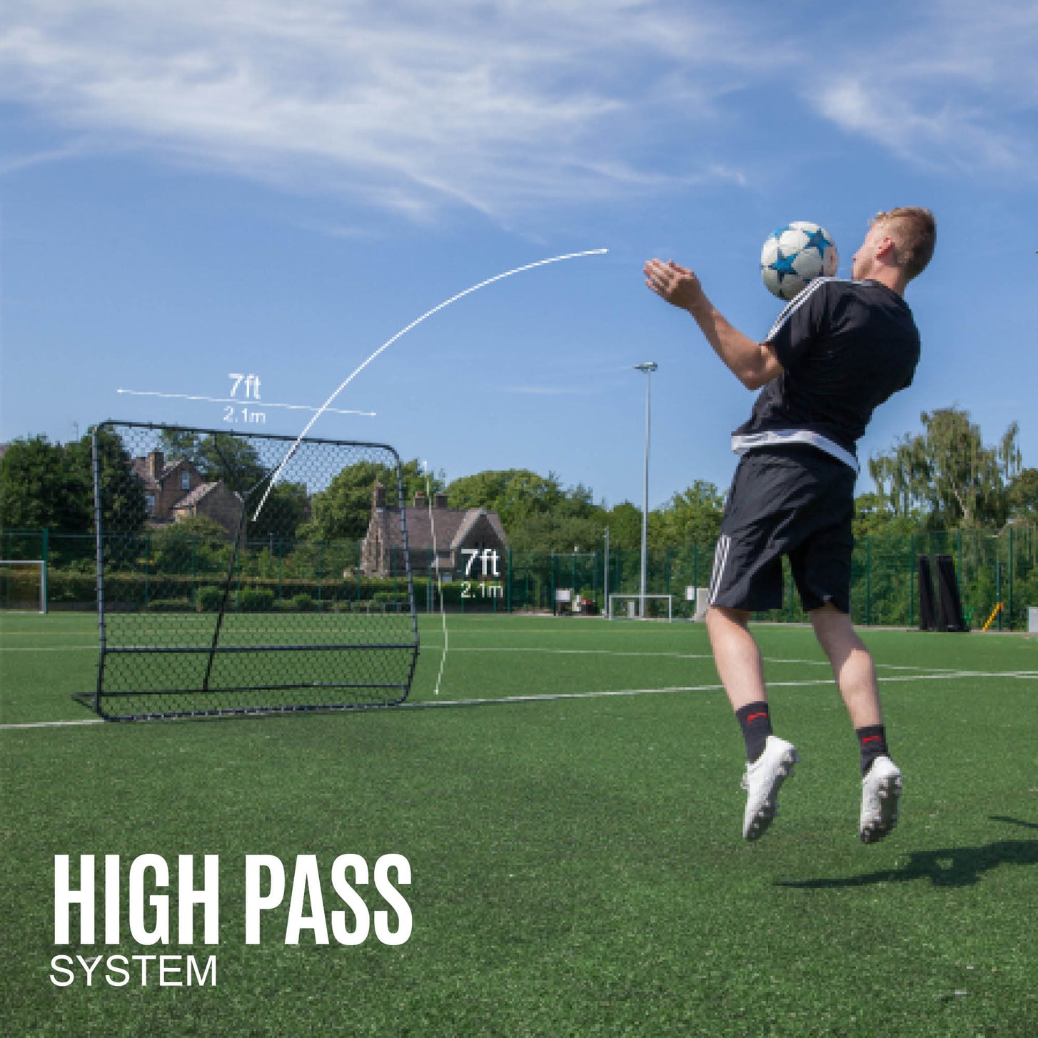 PRO Rebounder 7x7' marked 7ft by 7ft, tilted back as a player jumps to chest a ball off it, text "High pass system".