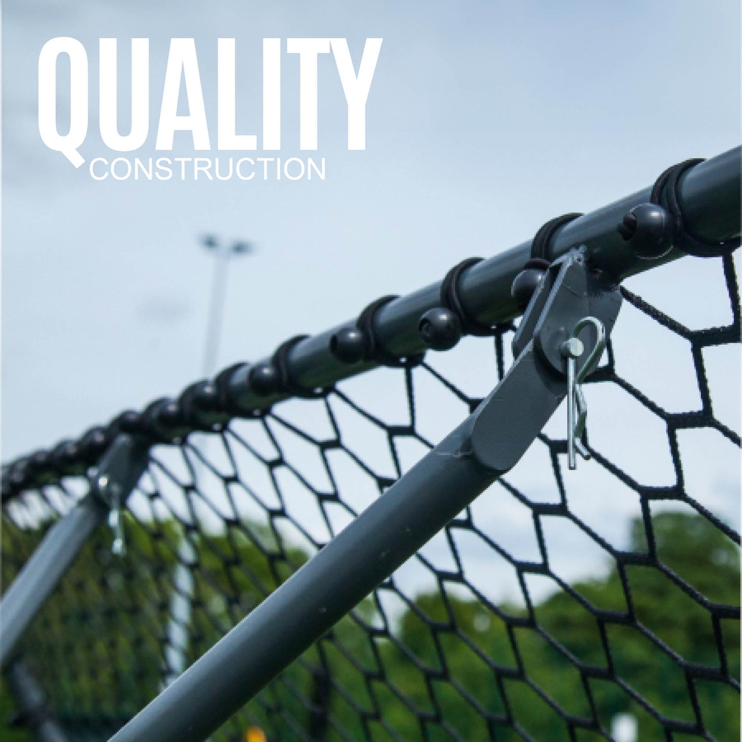 PRO Rebounder 7x7' close-up of the frame tube, net ties and locking pin joint, with the text "Quality construction".
