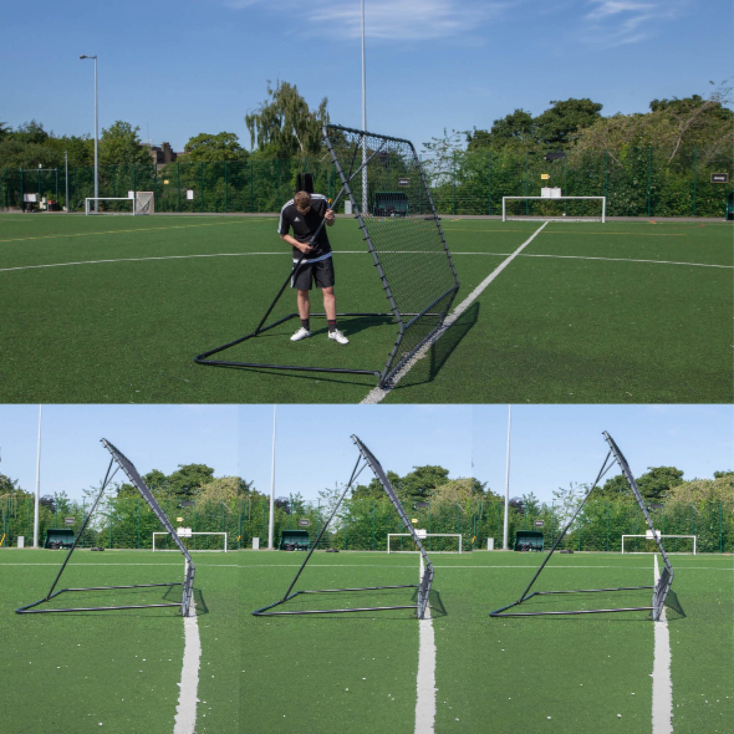 PRO Rebounder 7x7': player setting the angle, and below, the rebounder shown at three different frame angles on turf.