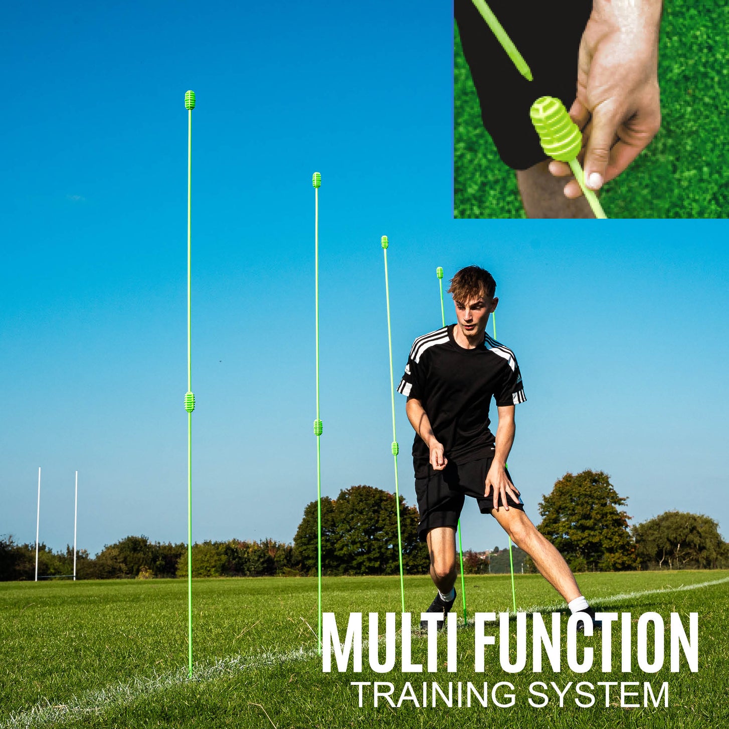 PRO Speed & Agility Set: player moving through tall green agility poles on grass, with an inset of a pole top, text "Multi function training system".